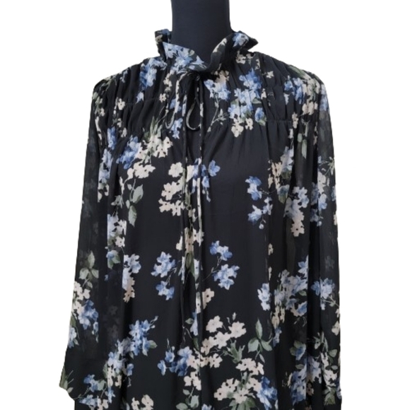 H&M Size S Ruffled Floral Chiffon Maxi Dress, Blue with Floral Pattern, NEW - Picture 3 of 16